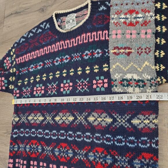 Ninon de Lenclos Handknit 100% Wool Sweater M Fair Isle Patchwork Nordic Cottage - Picture 7 of 11